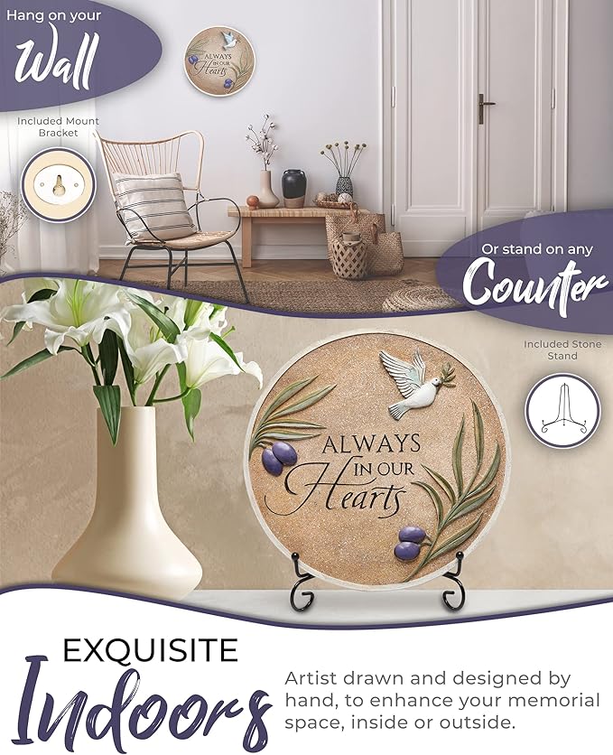 10-Inch Garden Memorial Stone with Included Plaque Stand & Sympathy Card, Memorial Plaques for Outdoors with Peace Dove Amongst Olive Branches, Memorial Stepping Stone for Loss of Loved One