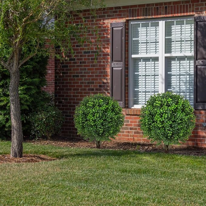 22" Artificial Boxwood Topiary Ball Trees with Ground Spike Set of 2 - UV Resistant Faux Green Shrubs & Bushes Potted Plants for Outdoor Indoor Front Porch Garden