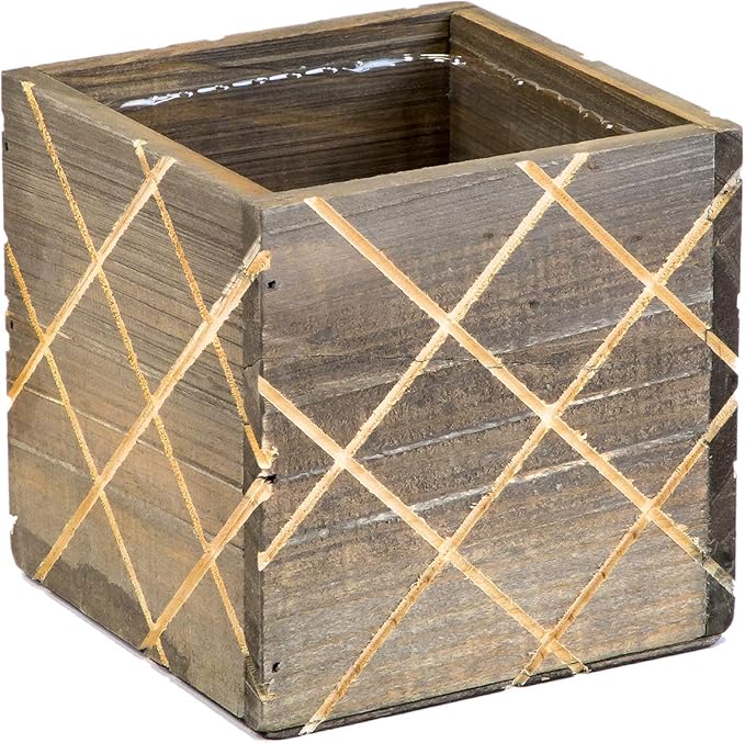 Wood Planter Box with Diamond Cross Hatch Style, 5 Inch Square, Rustic Barn Wood, Plastic Liner, Wedding Flowers Holder, Home and Venue Decor (5x5 Diamond Cross Hatch Set of 4, Natural)