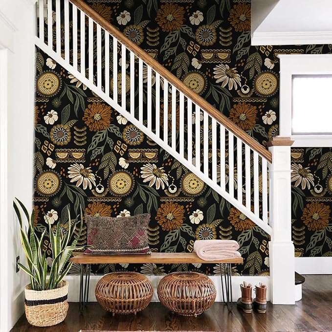 Simon&Siff Boho Peel and Stick Wallpaper, 17.3" x 480" Sun Floral Retro Contact - Image 2