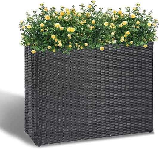 LEWIS&WAYNE Large Rectangular Block Planter Box Handmade Wicker Tall Planters for Outdoor Plants with Removable Liners Modern Planter for Indoor Outdoor Patio Deck - Black, 32''x11''x24''
