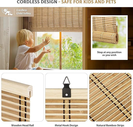 LazBlinds Cordless Bamboo Blinds, Natural Light Filtering Roll Up Shades - Image 2