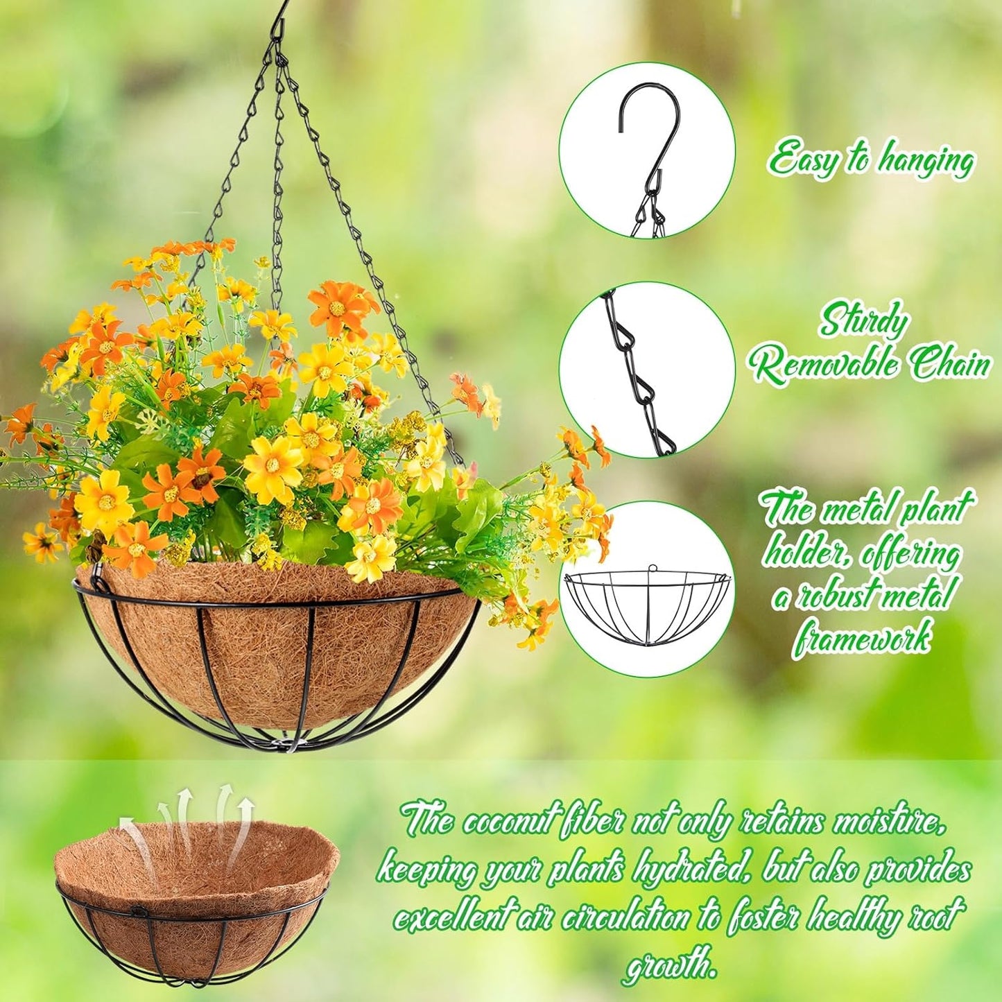 LemonRoad 3 Pack 12 Inch Hanging Baskets for Plants Outdoor Indoor, Metal Hanging Planters with Coconut Fiber Liner Chains and Ceiling Hooks Garden Tools Set for Garden House Patio Decor