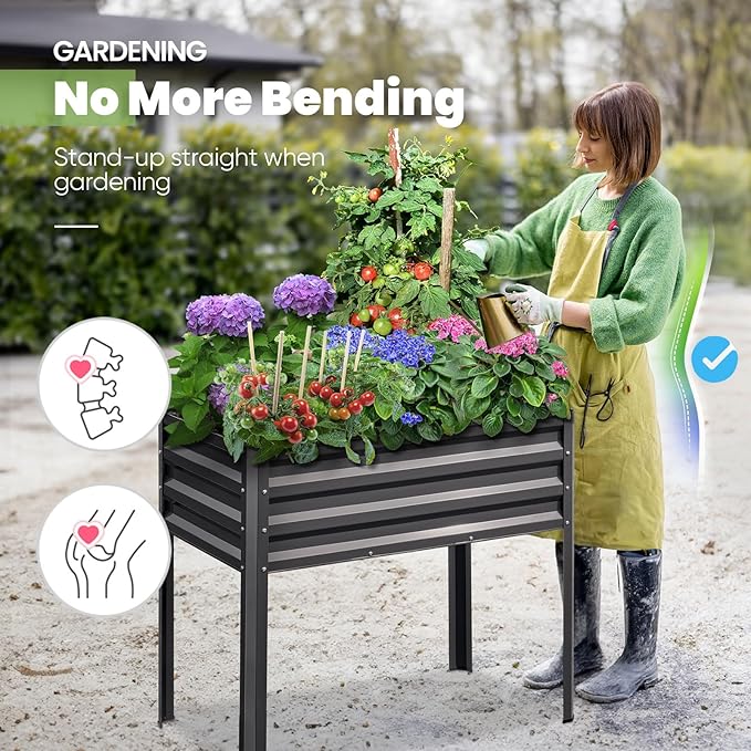 KING BIRD Raised Garden Bed with Legs Galvanized Elevated Planter Box for Backyard, Patio, Balcony, 33.9x17.7x31.5in, Dark Grey