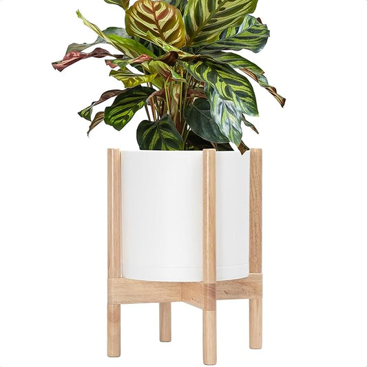 D'vine Dev Planter Pot with Stand - 10 Inch Plastic Cylinder Flower Pot with Wood Planter Holder for Indoor, Matte White Pot + Natural Stand, 55-C-M-1