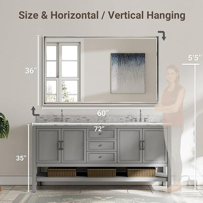 60'' x 36'' Large Beveled Silver Bathroom Vanity Mirror, Shatterproof Rectangle - Image 2