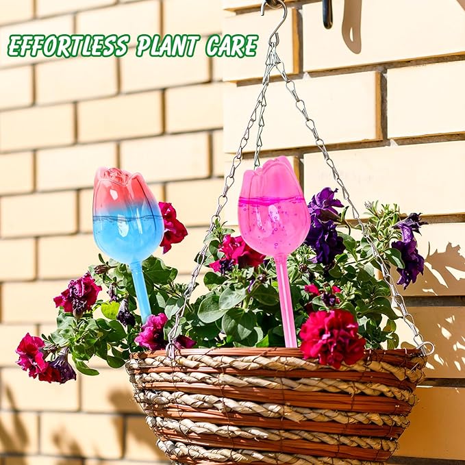 Plant Watering Globes Tulips, 4 Pcs Glass Self Watering Globes, Self Watering Planter Insert with Watering Spikes ,Automatic Plant Watering Devices,Large Watering Bulbs for Indoor & Outdoor Plants