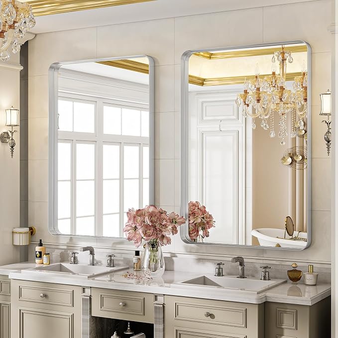 VooBang Bathroom Mirror 24x32 inch, Modern Round Corner Bathroom Vanity Mirror - Image 2