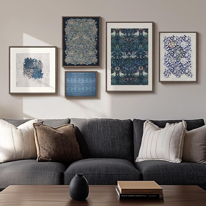 Framed William Morris Wall Art for Living Room, 5 Piece Large Vintage Blue by Cuspin