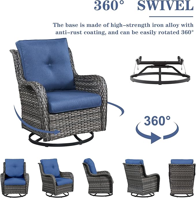 Wicker Patio Furniture Sets - 13 Piece Outdoor Rattan Furniture Conversation Sets with 4 Swivel Rocker Chairs, 2 Rattan Sofas, Wicker Ottomans and Coffee Table, Mixed Grey/Blue