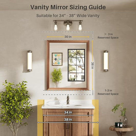 36x30 Inch Bathroom Mirror for Wall, Anti-Rust Walnut Wood Grain Metal Framed - Image 2