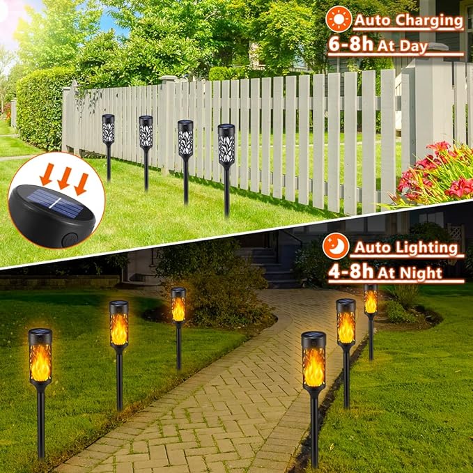 12Pcs Solar Lights Outdoor Waterproof, Tiki Torches for Outside with Flickering Flame, Solar Powered Outdoor Lights for Garden Decor, LED Luces Solares Garden Lighting for Pathway Yard Decorations