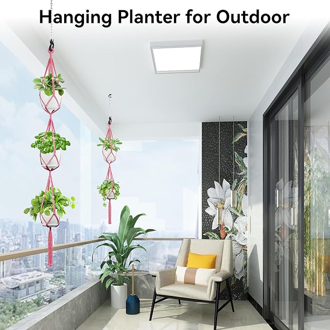 USLAI Macrame Plant Hanger Indoor Outdoor, Up to 4-15 inch Pot, Heavy 20lb Planters, Extra Long Strong Hanging Planter Basket Holder, Boho Home Decor, 49+72 Inch, Pink (POTS NOT Included)