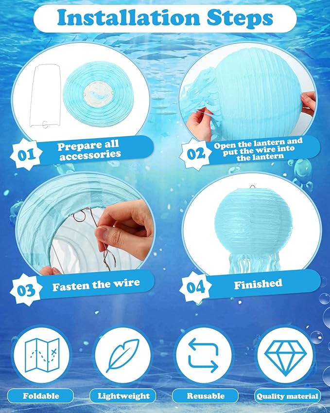18 Pcs Jellyfish Paper Lanterns Mermaid Birthday Decorations Hanging Lantern Lamps for Ocean Theme Decor Under The Sea Party Supplies (Blue)