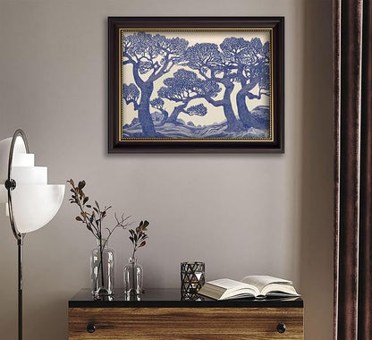 Vintage Gold Framed Wall Art Oak Tree Forest Painting Canvas Prints Blue - Image 5