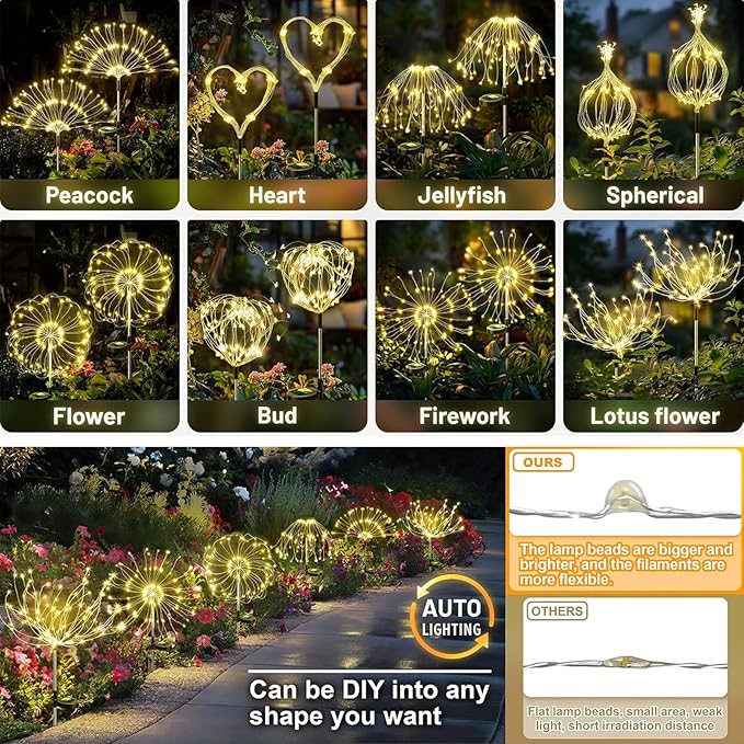 2 Pack Solar Firework Lights 150 LED Create Magical Nights, Waterproof Starburst Fairy Lights for Garden Yard Patio Christmas Romantic Wedding Party Decor(Warm White)