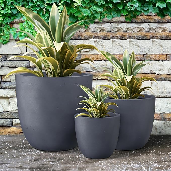 Kante 18",14",10" Dia Concrete Round Planters (Set of 3), Outdoor Indoor Large Planter Pots with Drainage Hole and Rubber Plug for Home Patio Garden, Charcoal