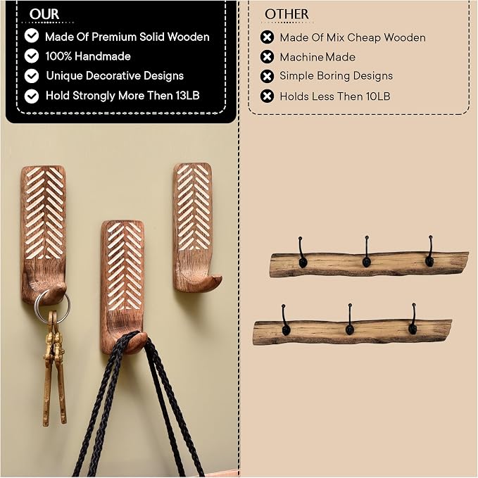 IndianShelf 10 LB- 6 Pieces Decorative Wood Adhesive Wall Hooks–Boho Peel and - Image 3