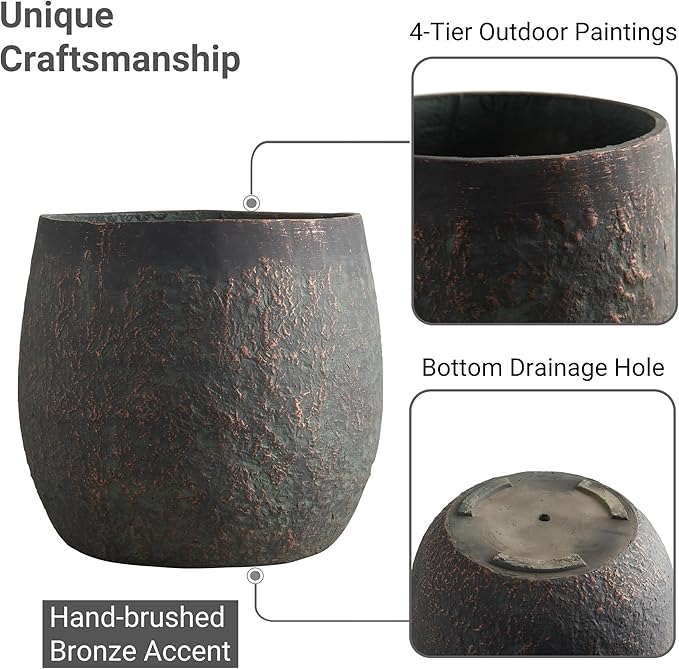 Large Outdoor Planter, 17.32"+12.99"+9.06" Dia Round Weathered Concrete Planter Set of 3, Flower Pots with Drainage Holes, Sealing Plug for Garden, Patio, Home, Office, Greenish Bronze Rust