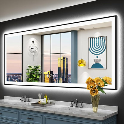 84x32 Black Framed LED Bathroom Mirror by Awandee