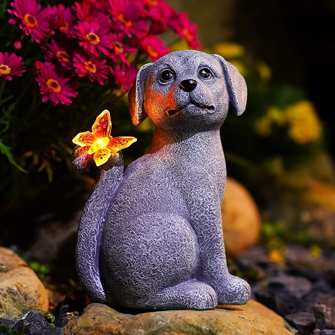 Nacome Solar Dog Outdoor Statues for Garden: Outside Decor with Butterfly Clearance for Yard Art Lawn Ornaments Porch Patio Balcony Home House - Birthday Gifts for Grandma Mom Women