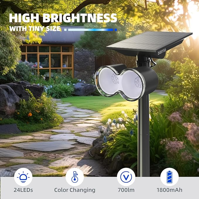 Barrina Solar Spotlights Outdoor Waterproof, 360° Horizontal Adjustable Solar Outdoor Spot Light, 24 LEDs Color Changing, Auto On/Off Solar Lights for Outside Yard Pathway Landscape Lighting, 4 Pack