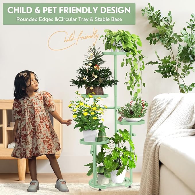 TOSKING 5 Tier Metal Plant Stand Indoor， Plant Shelf, Corner Shelf Flower Pot Stand for Outdoor Plant Stand for Living Room Balcony Garden Patio Bedroom (Green, 42inches)