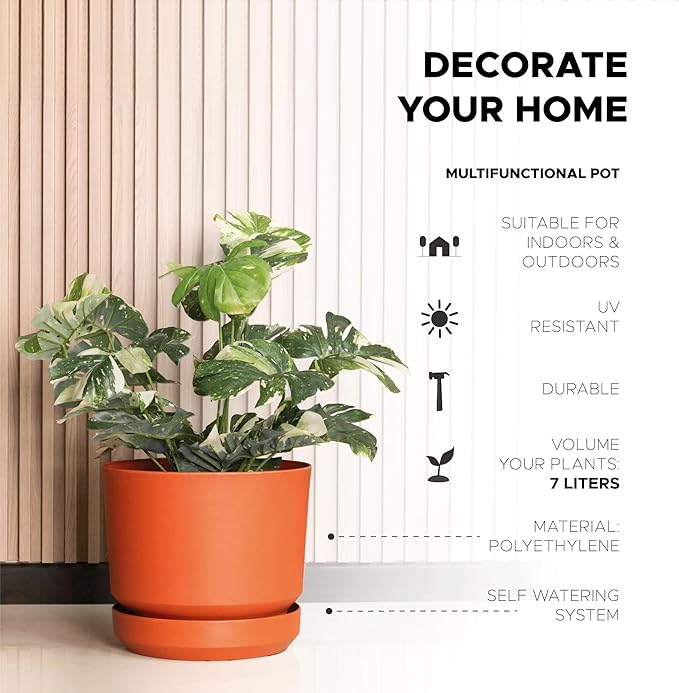 Elly Décor 8 inch Plastic Cylinder Planter Pot with Self-Watering Saucer and Drainage Hole,Lightweight & Extremely Durable, 8"x 8", Terracotta