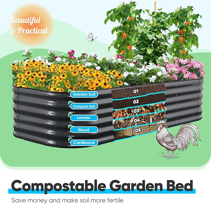 Quictent Galvanized Raised Garden Bed Kit, 6x3x1.5 ft Oval Metal Planter Box Tall for Vegetables Outdoor Backyard, Rubber Strip Edging Included, Dark Gray