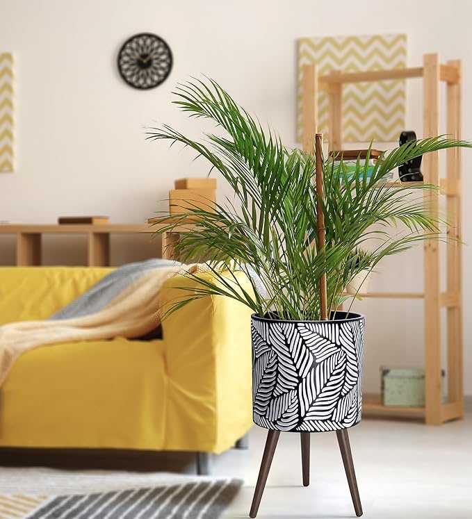 D'vine Dev 14 Inch Planter Pot with Stand, Mid-Century Tall Plant Pot with Legs for Indoor Plants, X-Large, White/Grey, 88-L-D-7