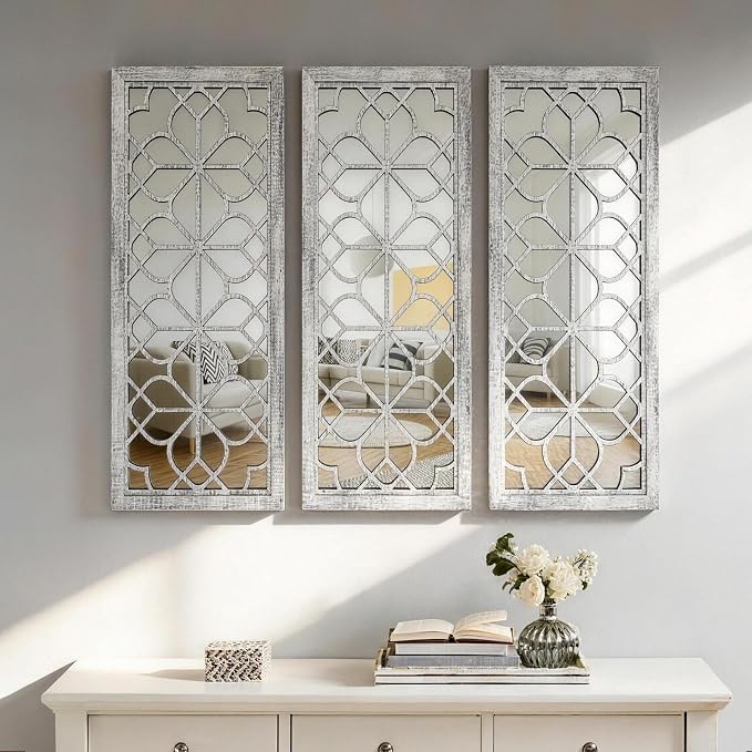 Set of 2 16x41.5 Inch Large Carved Floral Wood Frame Wall Mirrors, Shatterproof by HMANGE