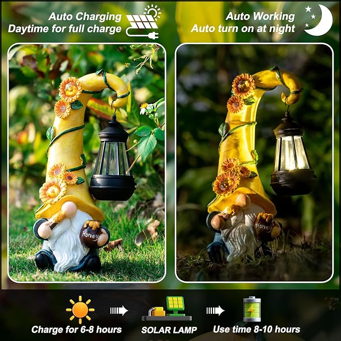 12" Solar Gnome Garden Statues Honey Bee jar Decor with LED Lantern Outdoor Spring Gnomes Decorations Patio Yard Balcony Art Gifts for Women Mom Grandma