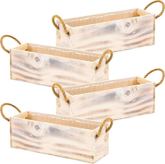 Wooden Planter Box with Handle, Rustic Whitewash, Plastic Liner l Garden Decor l Restaurant and Wedding Decorations l Table Centerpiece (12x4 w Handle Set of 4, Whitewash)