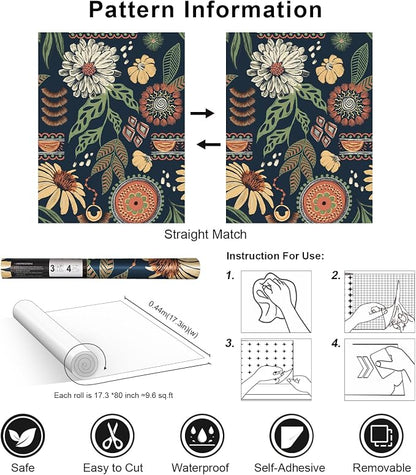 Simon&Siff Boho Peel and Stick Wallpaper, 17.3" x 80" Blue Sun Floral Retro - Image 7