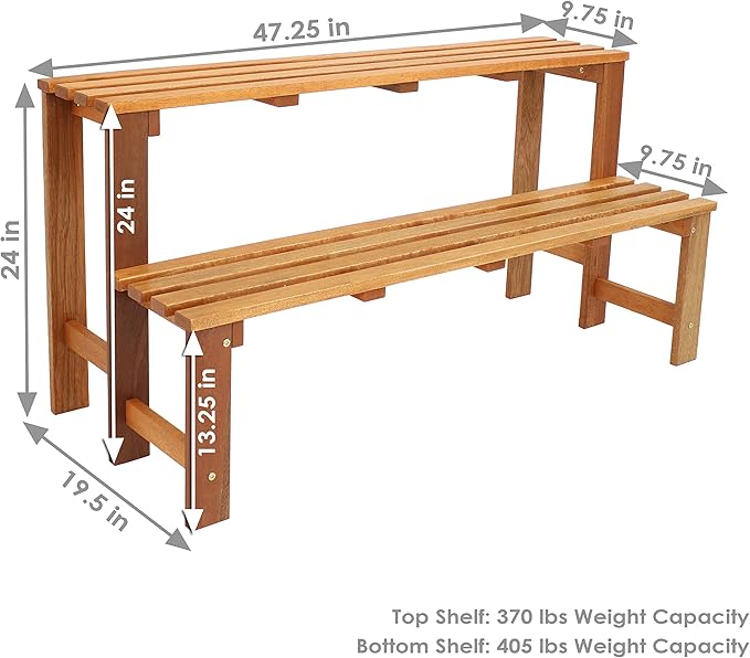 Sunnydaze 2-Tier Meranti Outdoor Wood Plant Stand - Indoor Plant Bench with Teak Oil Finish - 24-Inch