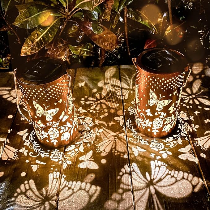 2 Pack Butterfly Solar Lanterns Outdoor Hanging Lantern Lights, Butterfly Hollowed-Out Metal Decor Lantern, Waterproof LED Decorative Garden Light - Delicate Garden Decoration