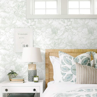 Ismoon Large Floral Peel and Stick Wallpaper Boho White and Green Contact Paper - Image 2