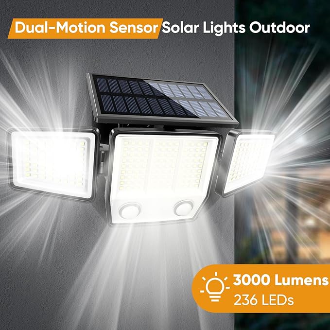 Solar Motion Sensor Outdoor Lights Waterproof - 3000LM 3 Modes Security Lights Outdoor 270° Illumination IP65 LED Solar Flood Wall Light for Garden Yard Patio Pathway (4 Pack)