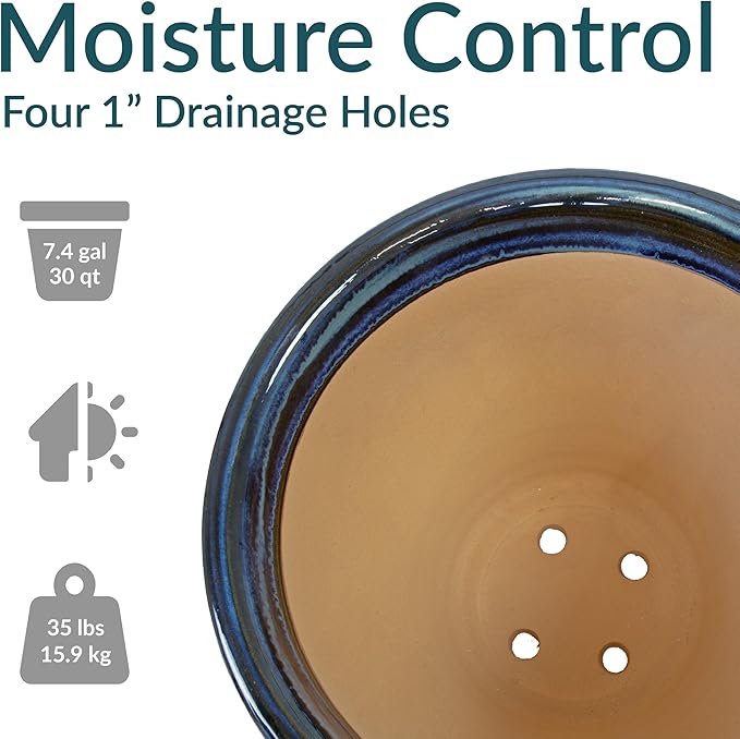 Sunnydaze Studio Large Ceramic Plant Pot - Round Outdoor Glazed Ceramic Planter Pot with Drainage - Galaxy Blue - 18.5"