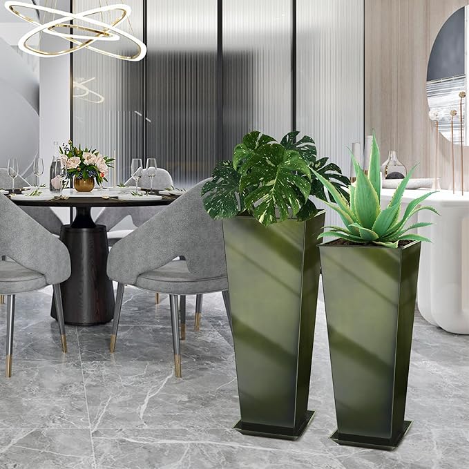 KOL 25'' & 28'' Tall Bright Glazed Planter with Insert, Set of 2, Galvanized Steel Planter Metal Pots with Drainage Hole for Indoor & Outdoor Use, Decorative Plant Pots for Front Porch, Patio - Green