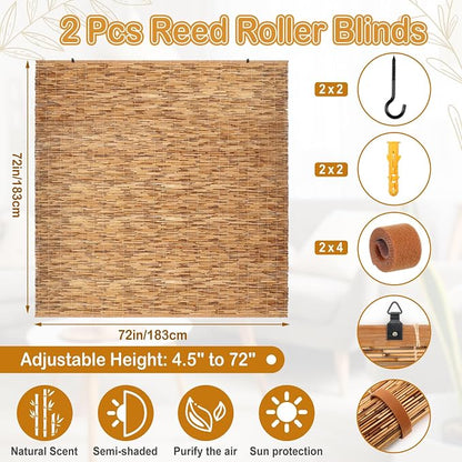 DoubleFill 2 Pcs Bamboo Shades Outdoor Reed Roll Up Blinds 72" W x 72" H - Image 2