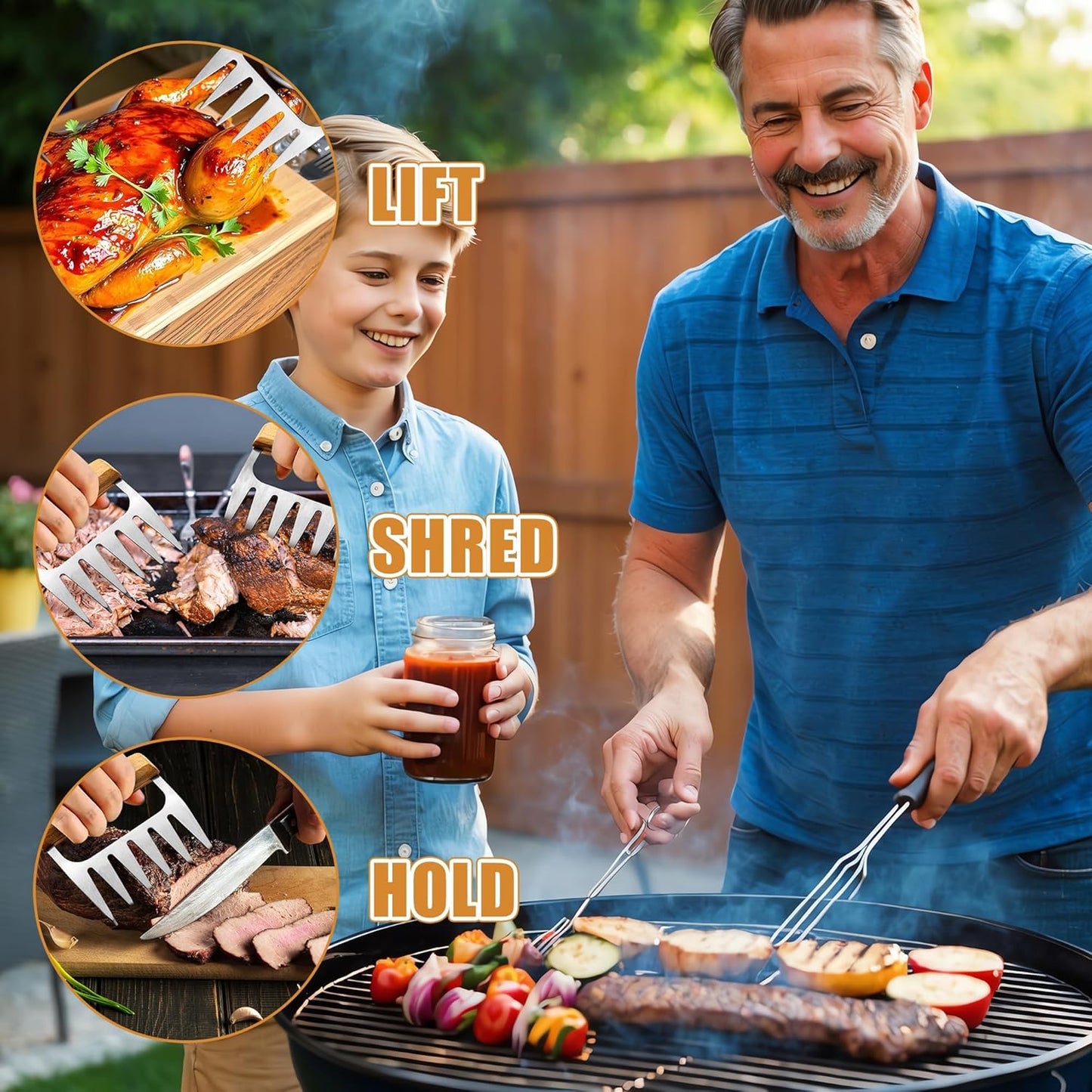 Haooryx Father's Day Meat Claw - Stainless Steel Meat Shredder Claws Grilling Tool BBQ Barbecue Accessories Drawstring Bag Box King of The Grill Best Papa Ever Top Chef Pulled Meat Dad's Birthday Gift
