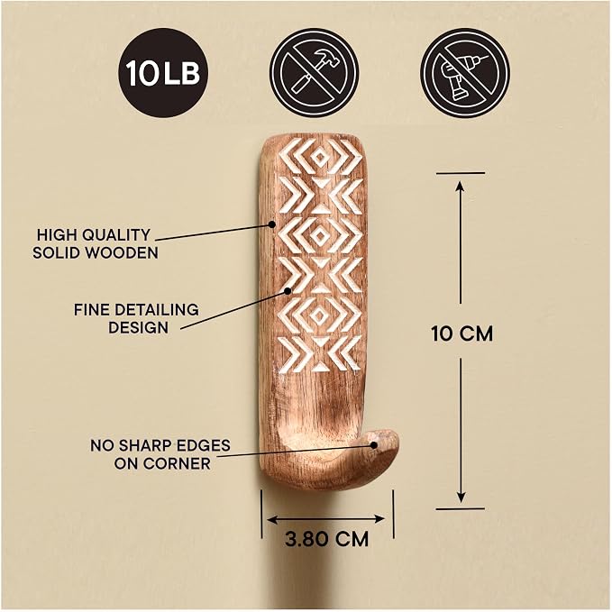 IndianShelf 10 LB- 12 Pieces Decorative Wood Adhesive Wall Hooks–Boho Peel and - Image 7