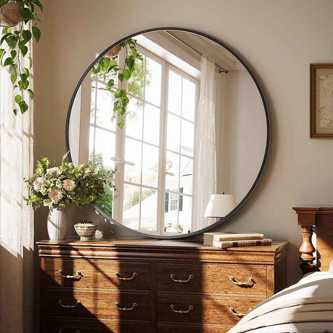 XRAMFY 42 Inch Round Black Metal Wall Mirror - Image 2