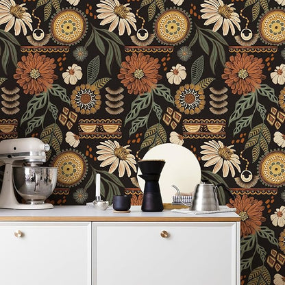 Simon&Siff Boho Peel and Stick Wallpaper, 17.3" x 800" Sun Floral Retro Contact - Image 5