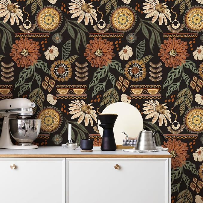 Simon&Siff Boho Peel and Stick Wallpaper, 17.3" x 1200" Sun Floral Retro - Image 5