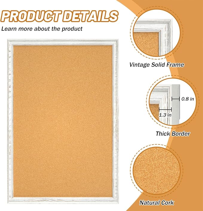 White Cork Board for Wall, 36 x 24 inches Decorative Bulletin Board, Rustic - Image 5