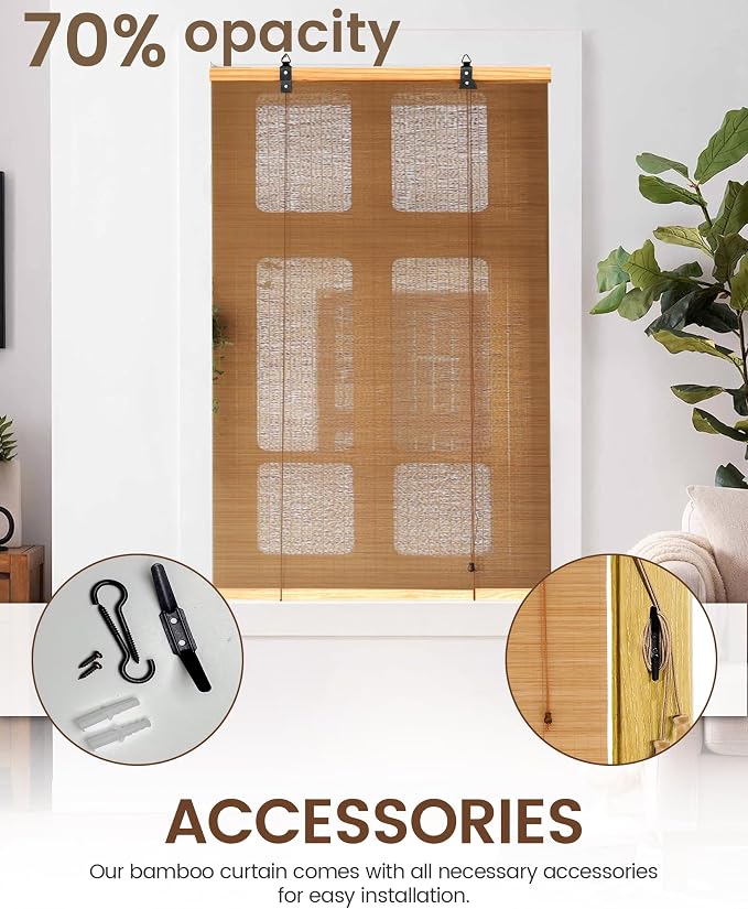30" Wx64 H Bamboo Blinds Roller Shades - Image 4