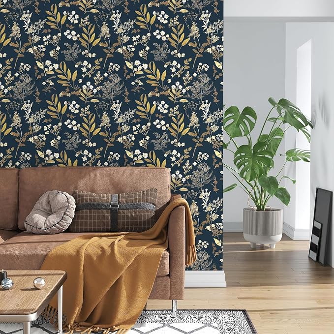 Laatse Dark Blue Leaf Wallpaper Peel and Stick Dark Floral Wallpaper - Image 3