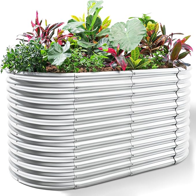 Land Guard 6x3x3ft Oval Galvanized Raised Garden Beds, Large-Capacity Metal Planter Box Outdoor, Durable Deep Raised Garden Bed 3ft Tall, Raised Beds for Gardening Vegetables, Classic Silver